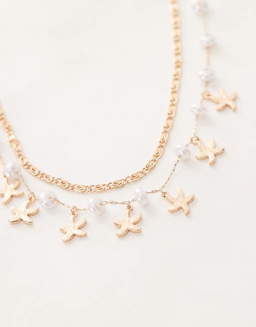 Reclaimed Vintage belly chain 2 pack with starfish charms and pearls in gold , 3 of 3