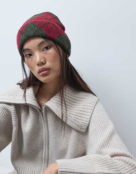 Reclaimed Vintage berretto in rosso e verde con motivo argyle - view 1
