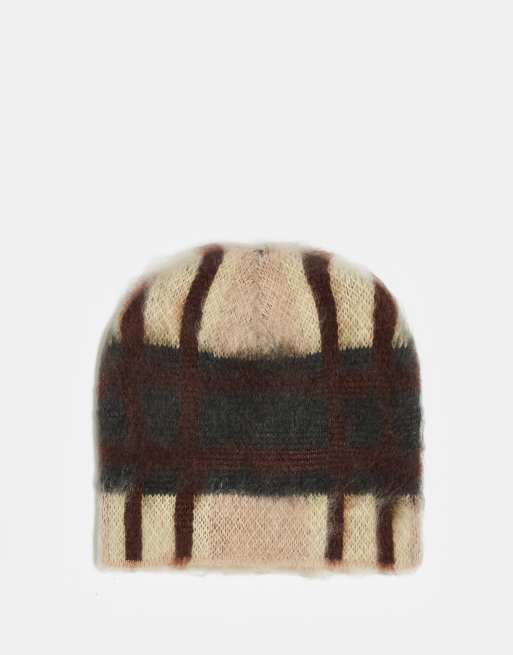 Reclaimed Vintage - Berretto soffice marrone a quadri unisex 