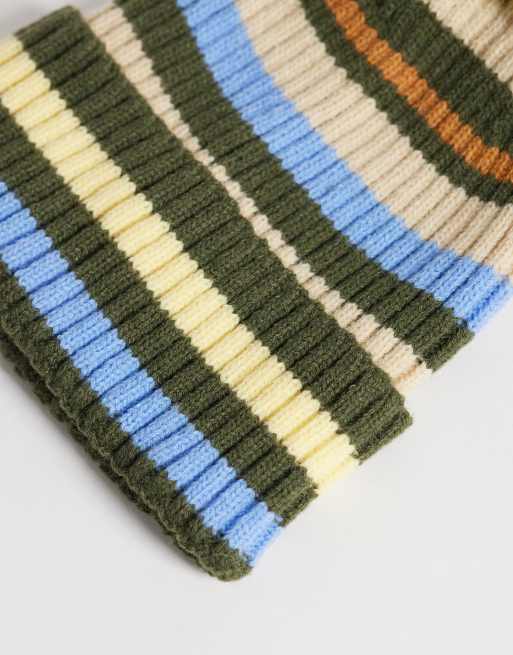 Reclaimed Vintage berretto unisex a righe con pompon blu e giallo, 2 di 3