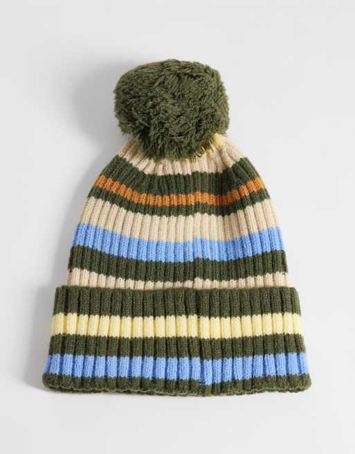 Reclaimed Vintage berretto unisex a righe con pompon blu e giallo, 3 di 3
