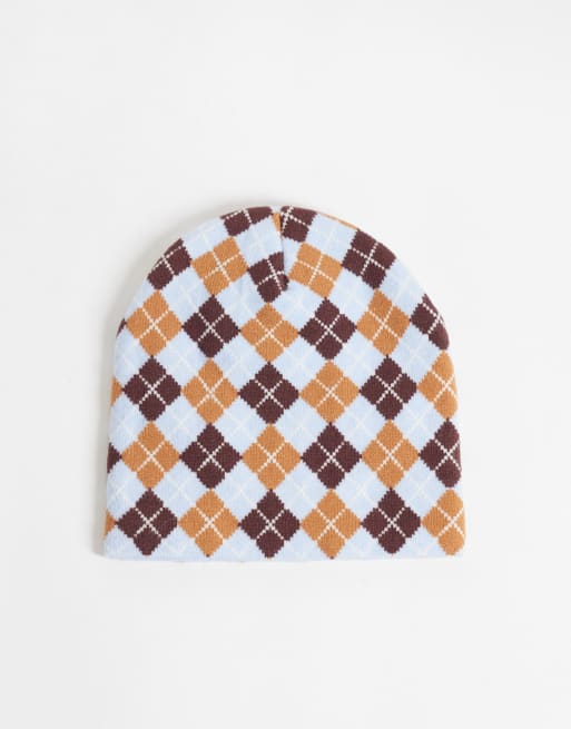 Reclaimed Vintage berretto unisex con stampa argyle blu e marrone, 1 di 3