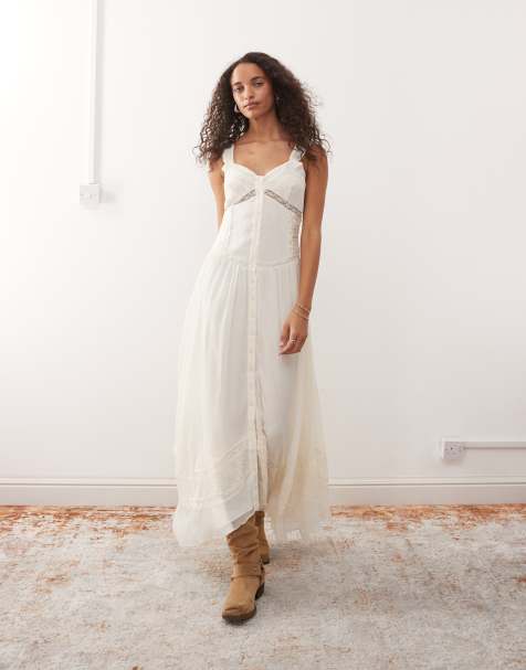 Reclaimed Vintage midi cami dress with lace inserts and button down front in ivory