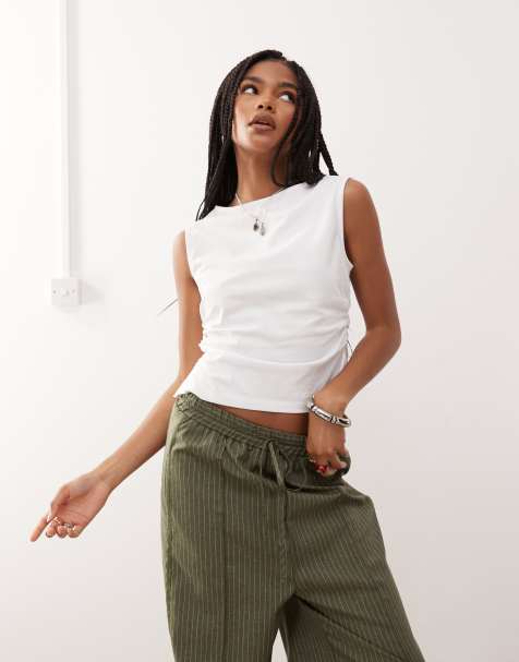 Reclaimed Vintage slash neck ruched cinched waist tank in white