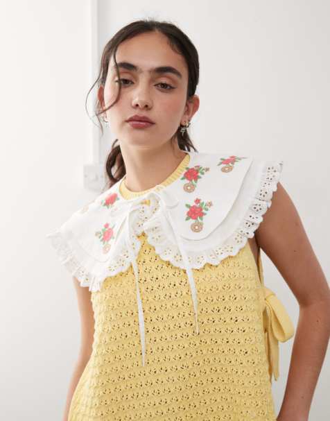 Reclaimed Vintage oversized tie front collar with floral embroidery in white broderie