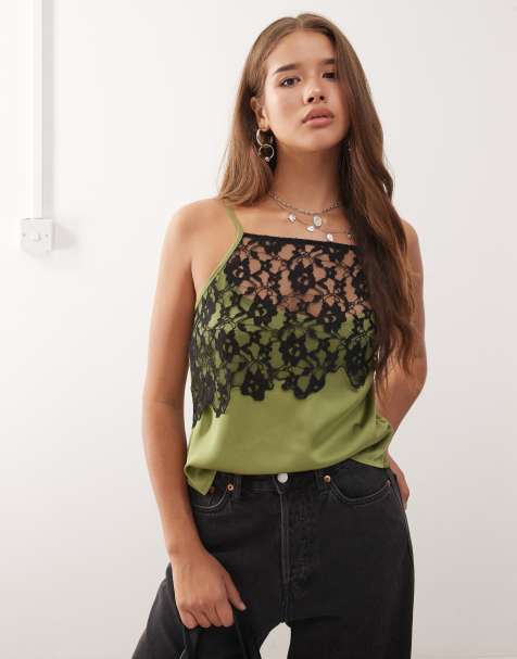 Reclaimed Vintage lingerie cami top with lace in khaki