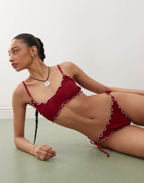 Reclaimed Vintage - Bikini met ruches en contrasterende biesjes in bordeauxrood - view 1