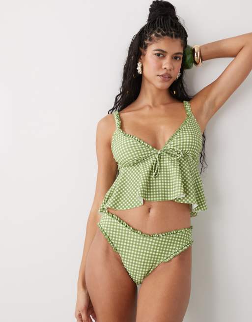 Reclaimed Vintage bikini set with frill detail in green and white gingham