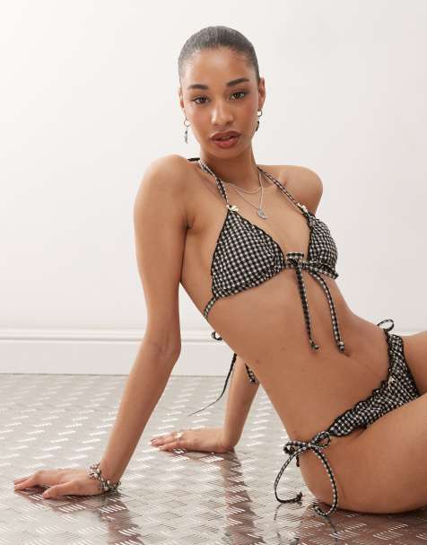 Reclaimed Vintage bikini set with frills in black and white gingham - view 1
