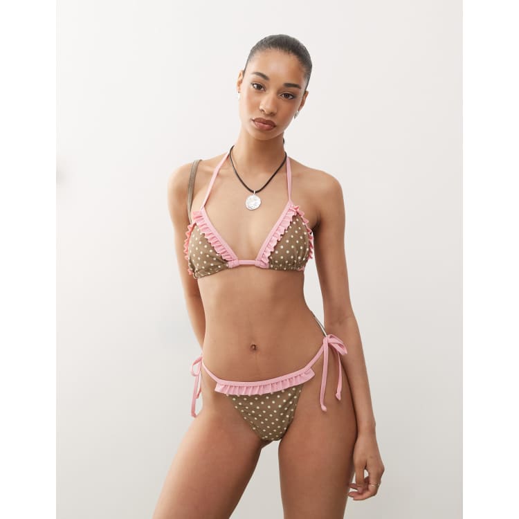 Reclaimed Vintage bikini set with pink ruffles in brown polka dot