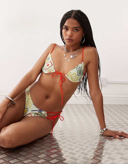 Reclaimed Vintage bikini top with skinny straps in graphic print
