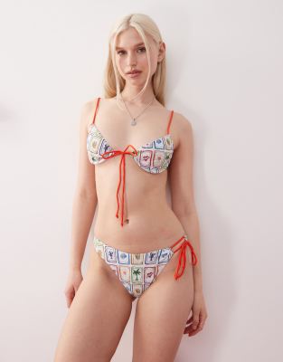 Reclaimed Vintage Reclaimed Vintage bikini top with skinny straps in holiday postcard print-Multi