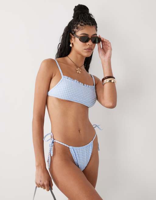 Reclaimed Vintage - Bikini van seersucker met ginghamruit in blauw en wit