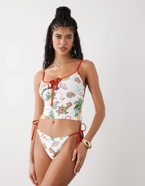 Reclaimed Vintage - Bikinibroekje met gestrikte zijkanten in retro tropische ansichtkaartprint - view 1