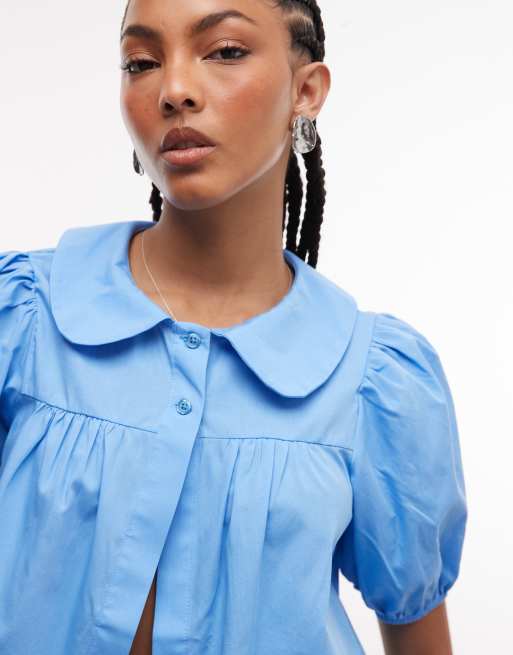 Reclaimed Vintage – Blå babydoll-blus i skepparstil med puffärmar, 2 av 4