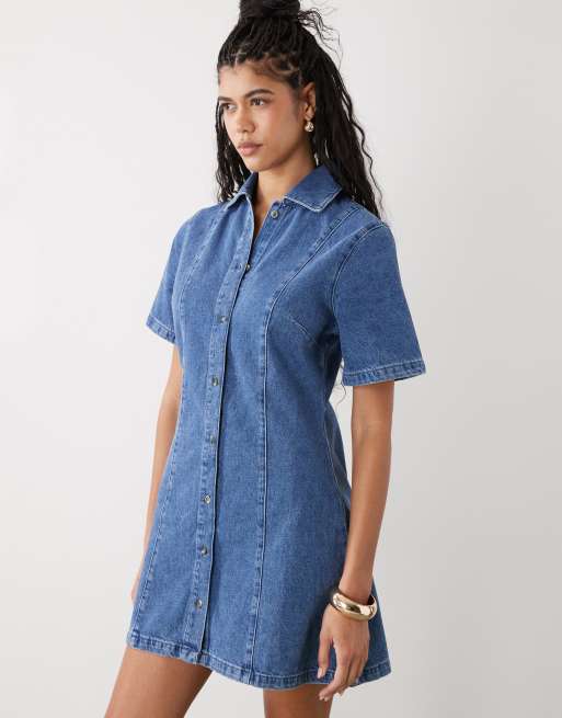 Reclaimed Vintage - Blå denim-skjortekjole i mellemvask, 2 af 4