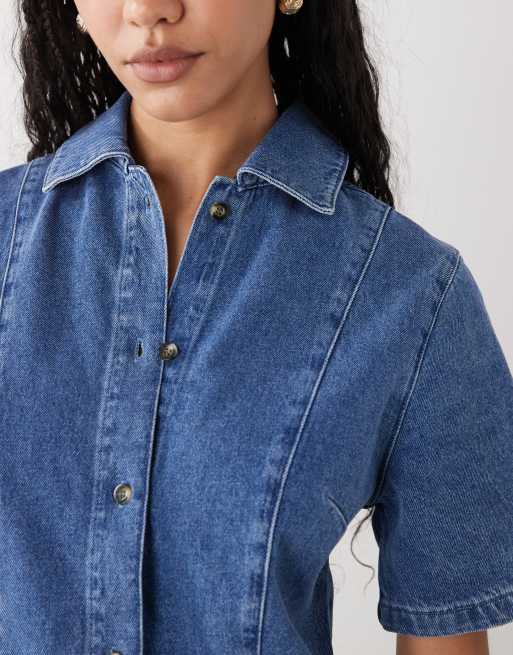 Reclaimed Vintage - Blå denim-skjortekjole i mellemvask, 3 af 4