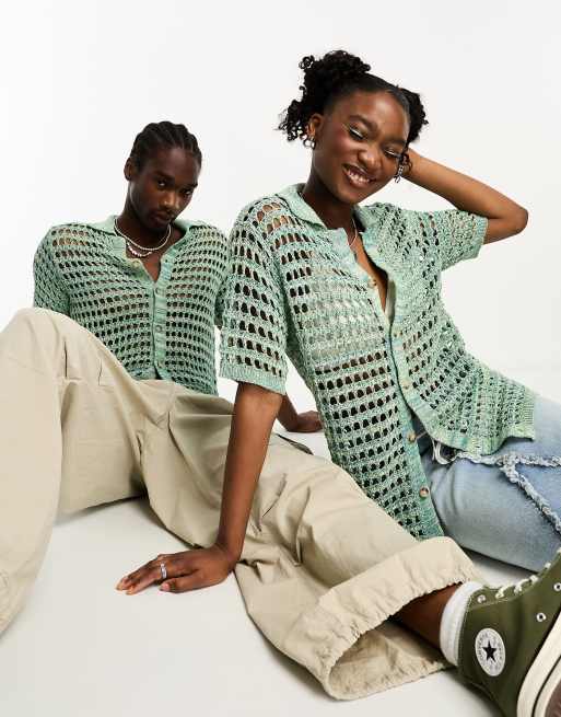 Reclaimed Vintage – Blå hålstickad skjorta i unisex-modell