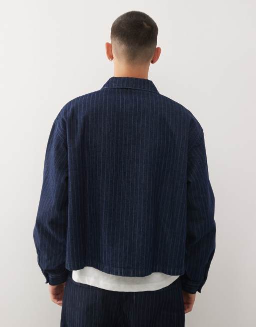 Reclaimed Vintage – Blå, kritstrecksrandig jeansjacka med boxig passform, del av set , 3 av 5