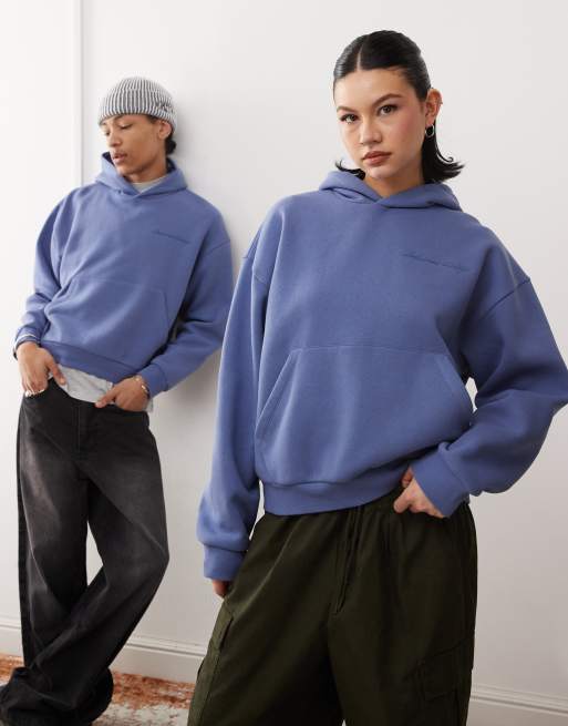 Reclaimed Vintage - Blå og forvasket unisex-hættetrøje i firkantet pasform med cropped snit