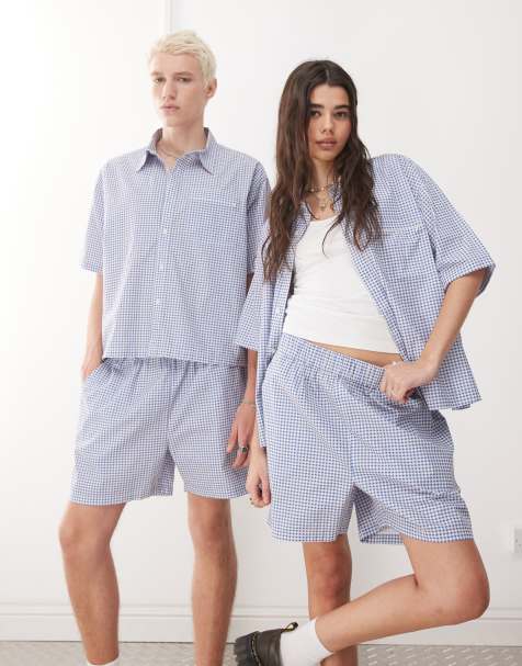 Reclaimed Vintage - Blå og hvide firkantede pull-on shorts med gingham-tern - view 1