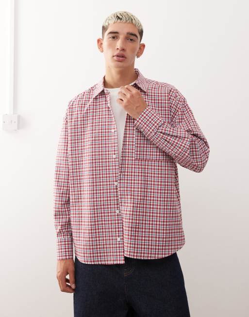 Reclaimed Vintage - Blå- og rødternet samt cropped skjorte med lange ærmer og firkantet pasform