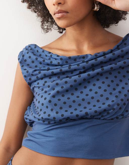 Reclaimed Vintage - Blå og sort offshoulder-top i mesh med polkaprikket print - Del af sæt, 3 af 4