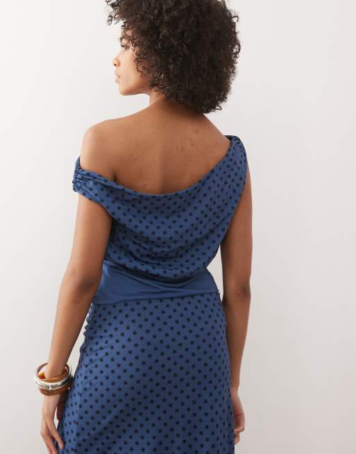 Reclaimed Vintage - Blå og sort offshoulder-top i mesh med polkaprikket print - Del af sæt, 4 af 4