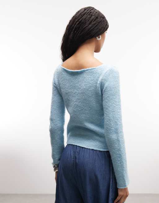 Reclaimed Vintage - Blå strikket overdel i tekstureret bouclé med lige hals, 4 af 4