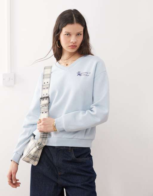 Reclaimed Vintage – Blå sweatshirt med v-ringning och avslappnad passform