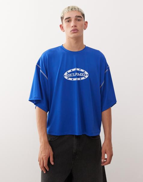 Reclaimed Vintage - Blå T-shirt med 3/4-lange ærmer og grafisk stjernebranding i airtex - view 1