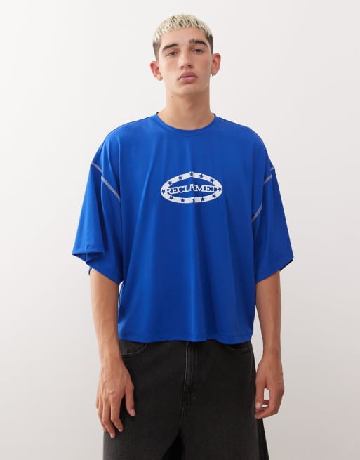 Reclaimed Vintage - Blå T-shirt med 3/4-lange ærmer og grafisk stjernebranding i airtex