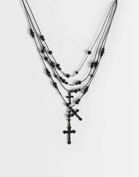 Reclaimed Vintage black beaded multi row necklace with crosses - view 1