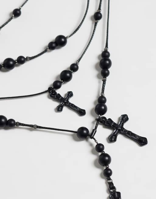 Reclaimed Vintage black beaded multi row necklace with crosses, 4 of 4