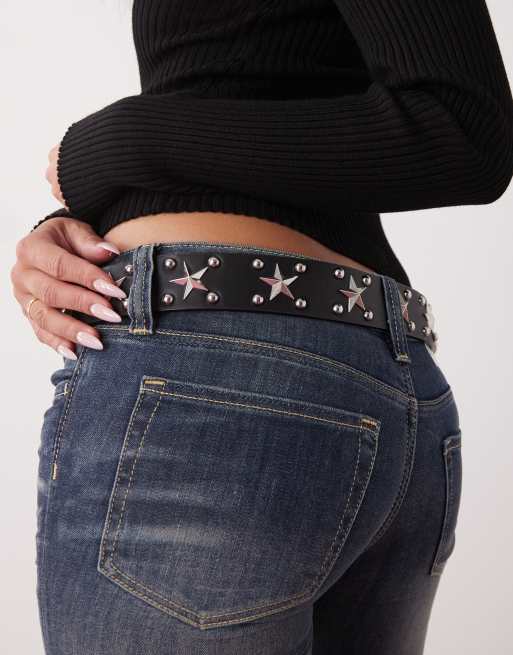 Reclaimed Vintage black belt with stars in silver tone
