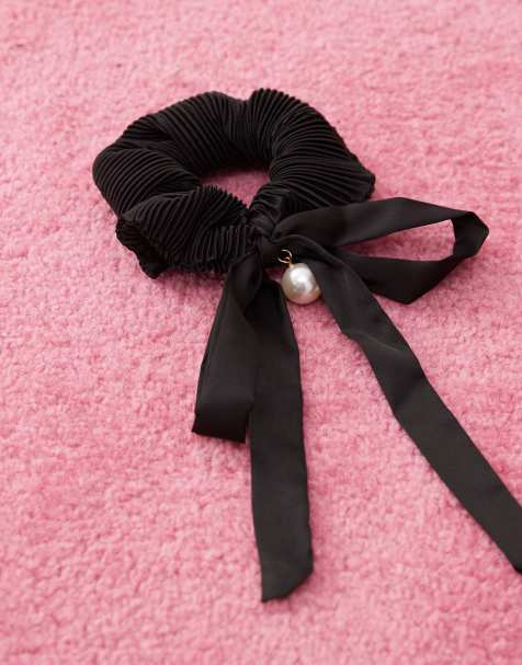 Reclaimed Vintage black hair scrunchie with long bow and pearl - view 1