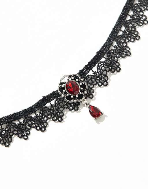 Reclaimed Vintage black lace choker with red stones, 2 of 4