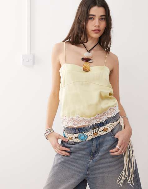 Reclaimed Vintage square neck cami top with lace in butter yellow