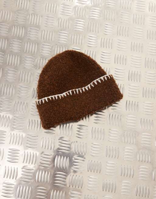 Reclaimed Vintage blanket stich beanie in brown borg, 2 of 3