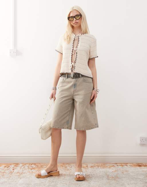 Reclaimed Vintage blanket stitch crochet tie front short sleeve cardigan in cream