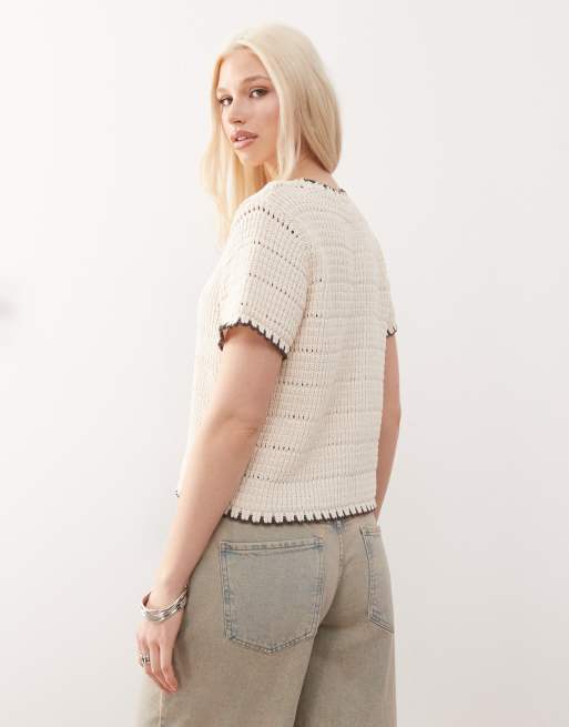 Reclaimed Vintage blanket stitch crochet tie front short sleeve cardigan in cream