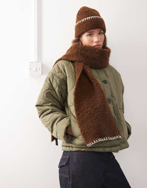Reclaimed Vintage blanket stitch scarf in brown borg, 2 of 3