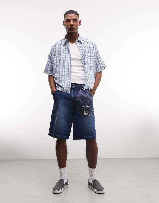 Reclaimed Vintage – Blårutig, boxig skjorta med korta ärmar