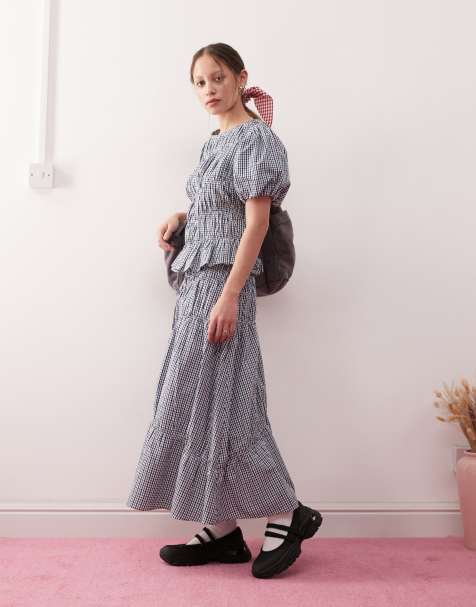 Reclaimed Vintage – Blårutig midikjol i cowboystil med rynkad detalj - view 1