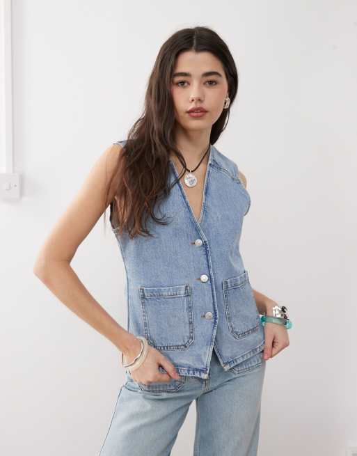 Reclaimed Vintage – Blåtvättad kostymväst i 70-talsstil med påsydda fickor av denim, del av set