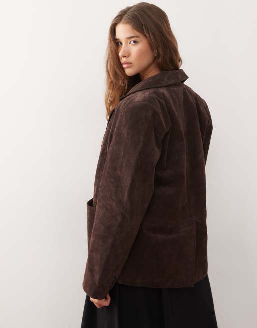 Reclaimed Vintage - Blazer oversize en daim véritable - Marron chocolat, 2 de 4