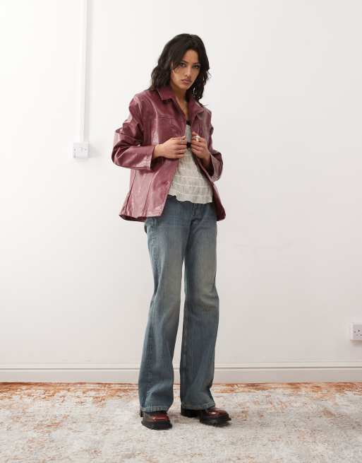 Reclaimed Vintage - Blazer style années 90 en similicuir effet usé - Bordeaux, 4 de 4