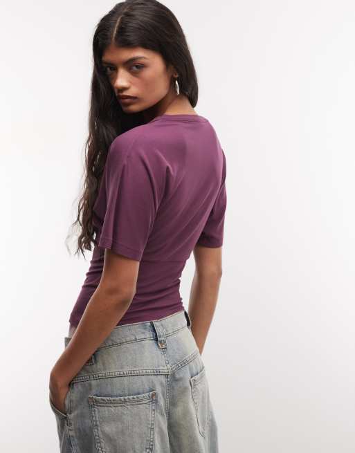 Reclaimed Vintage blød wrap-top med knapdetalje i burgundy, 4 af 4
