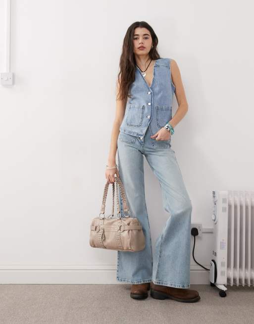 Reclaimed Vintage – Blekblått palazzo set av denim i 70-talsstil