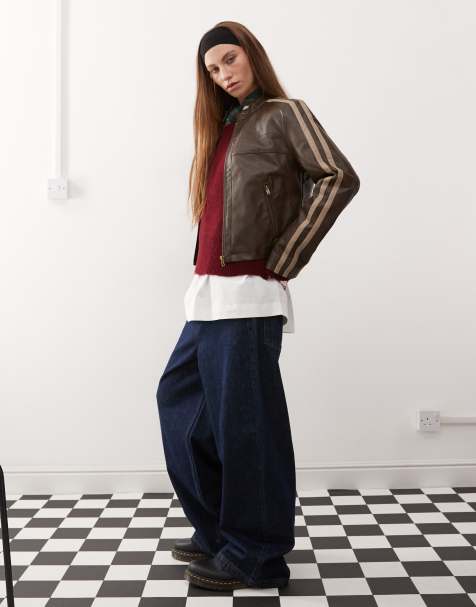 Reclaimed Vintage – Blekbrun bikerjacka med ränder i läderlook - view 1